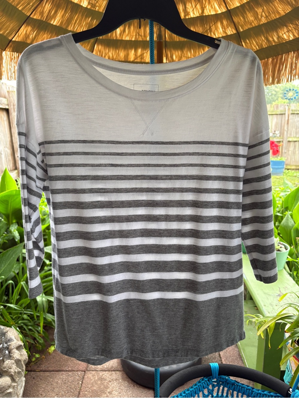 Sonoma White and Gray Striped Long Sleeve Tee